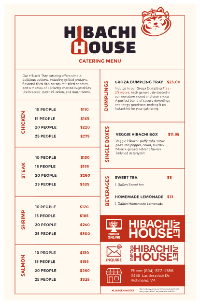 Hibachi House Catering Menu — Chicken, Steak, Shrimp, Salmon trays for 10-25 people, Gyoza Dumpling Tray, Veggie Hibachi Box, Sweet Tea and Lemonade by the gallon
